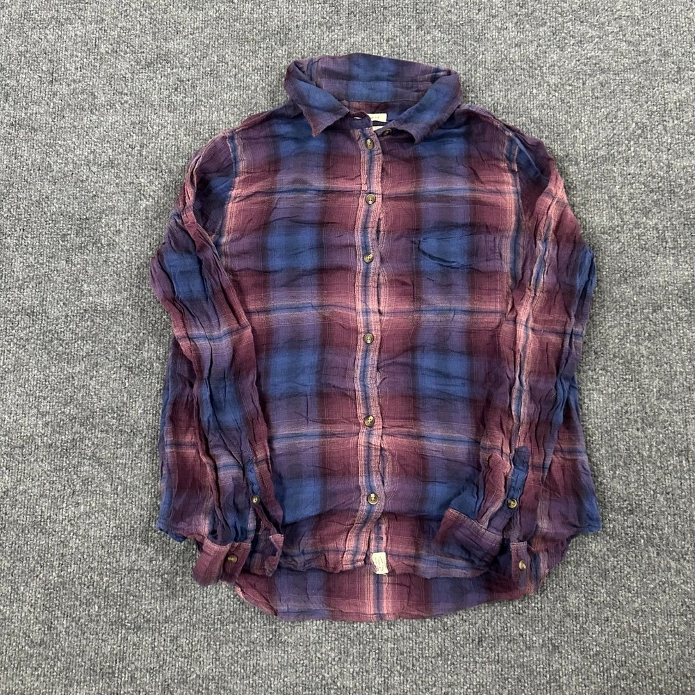 American Eagle Shirt Womens Small Purple Blue Plaid Boyfriend Fit Long Sleeve